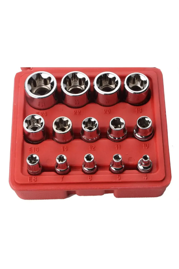 1 Set 14 Pcs Female E-Torx Star Socket Set With Case 1/4, 3/8, 1/2 In. Drive External Star Socket Se