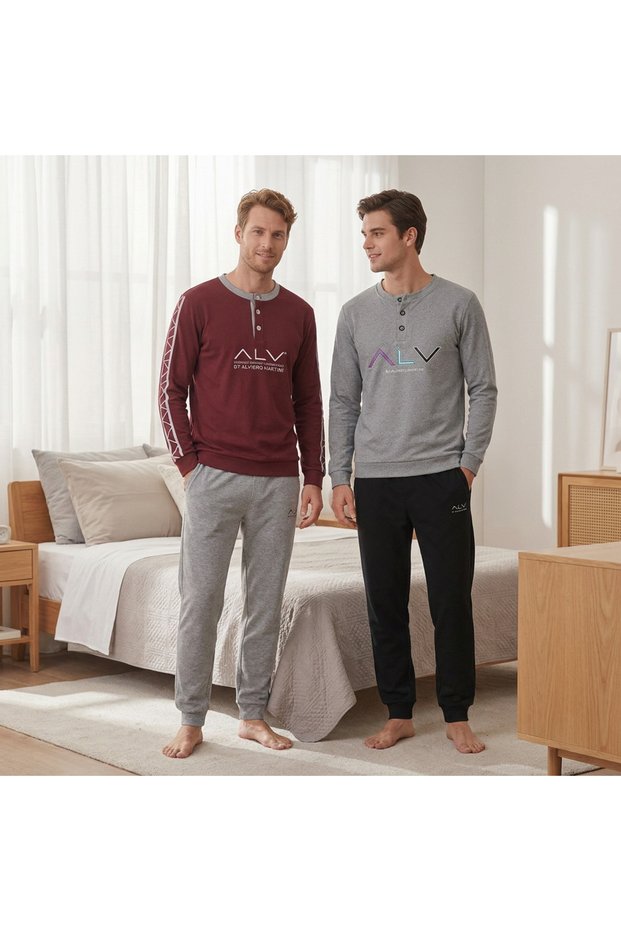 Men's Cotton Collared Buttoned Pocketed Gift Bundle and Dowry Set, 2 Pieces, 2-Piece Top and Bottom Pajama Set