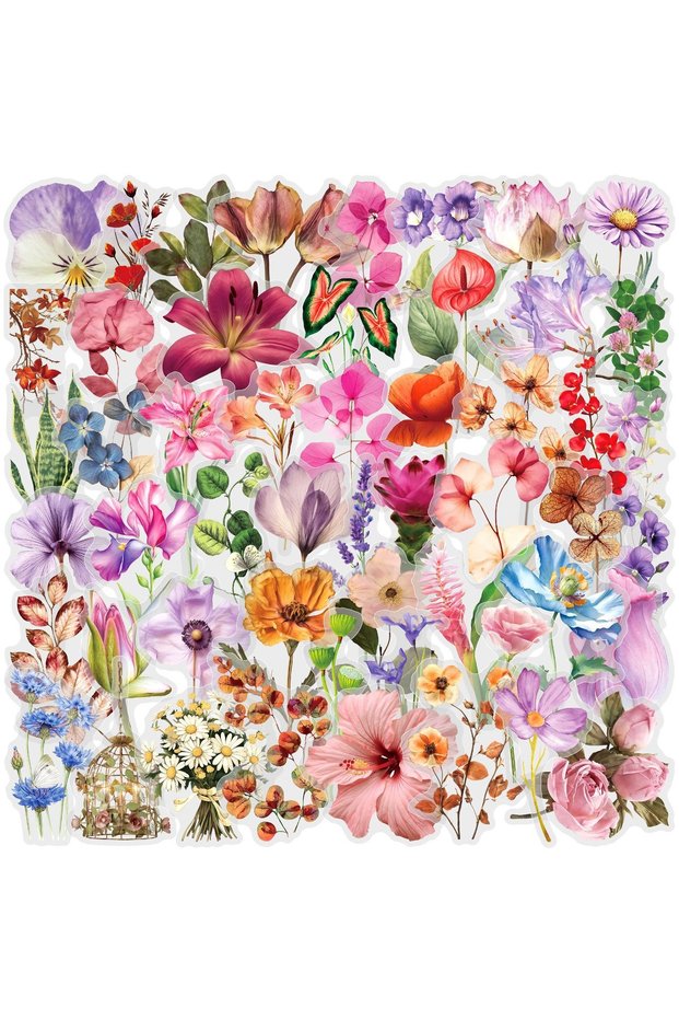 50pcs 50PCS Color Ink Flower Sticker Pack Waterproof Transparent PET Brochure Flower Material Decora