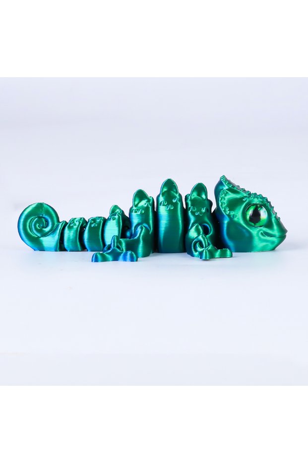 One Size Blue Green 3D Printed Chameleon Lizard Toy - Articulated Flexible Joints, Stress Relief Fid