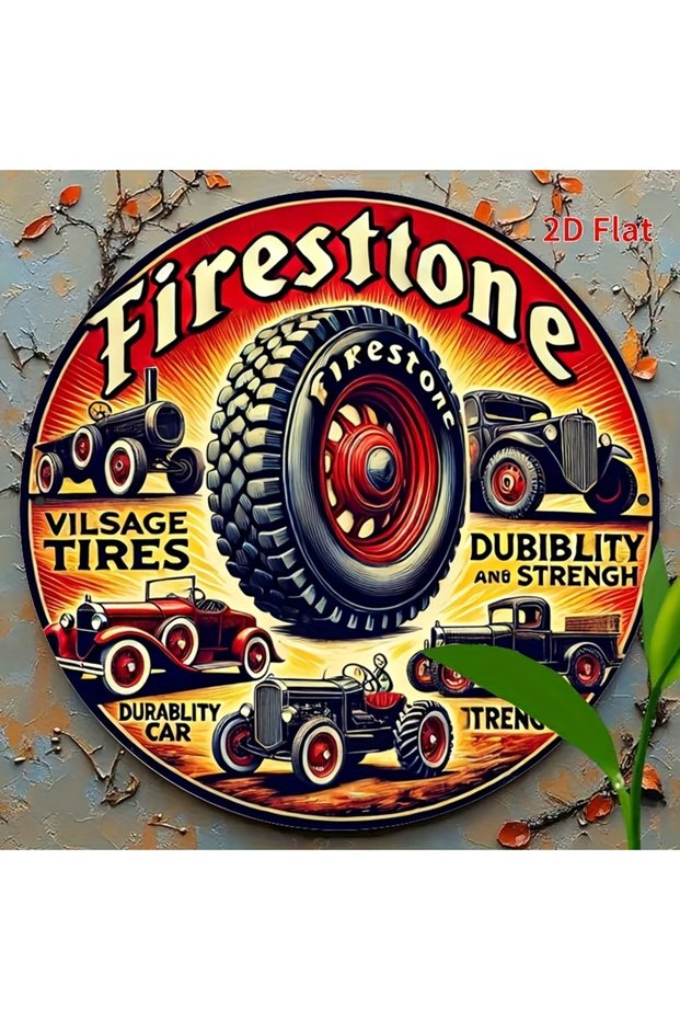 Round 20X20CM 2D Flat, 1pc Vintage Firestone Tire Metal Wall Art Sign - 8x8 Inch Retro Aluminum Deco