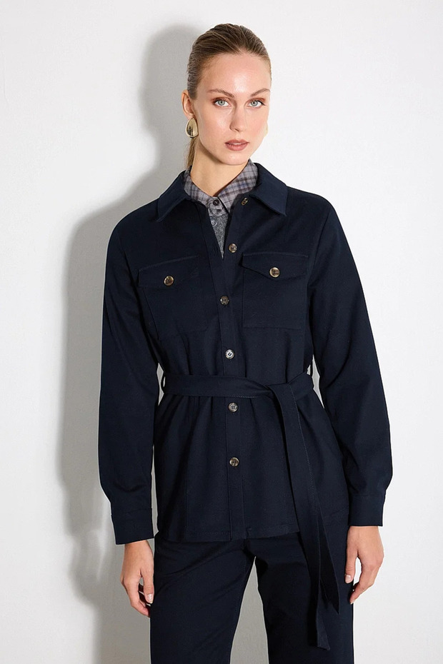 Belted Canvas Shirt Jacket - Navy Blue