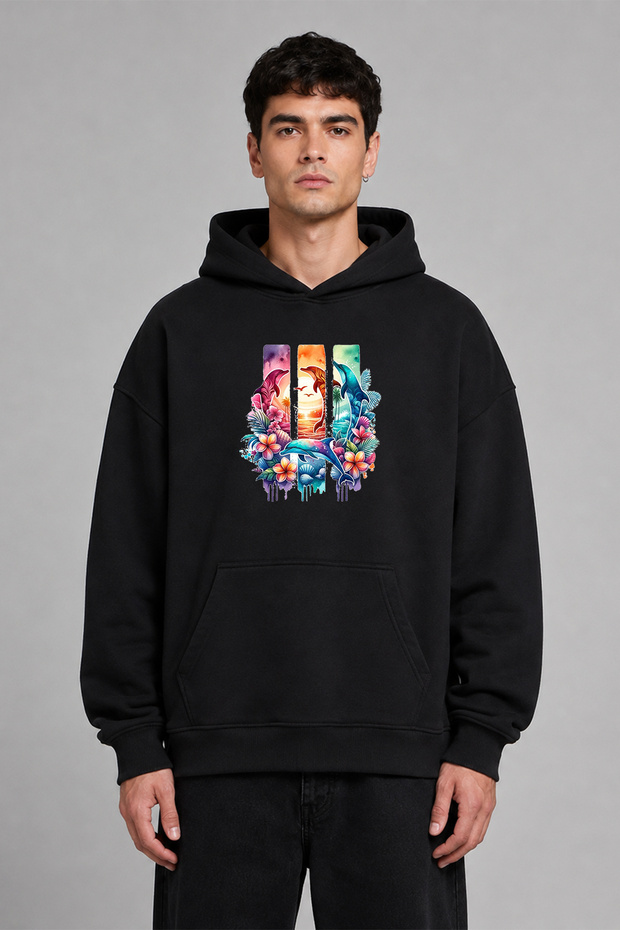 3 Yunus Design Pre-Printed Oversize Black Hooded Sweatshirt
