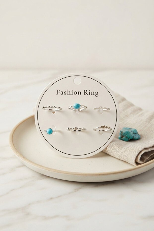 Silver Color Brass Blue Stone Detailed 6-Piece Ring Set Byk4306