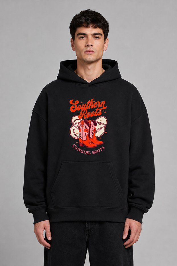 Cow Girl Design Pre-Printed Oversize Black Hooded Sweatshirt