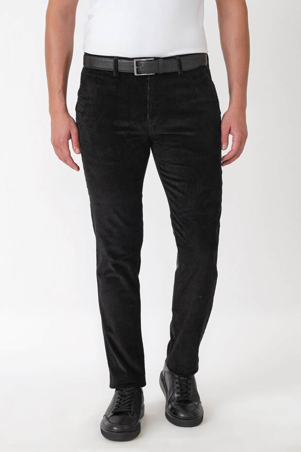 Comfort Fit Side Pocketed Dikine Ribbed Flexible Black Velvet Trousers P 1235