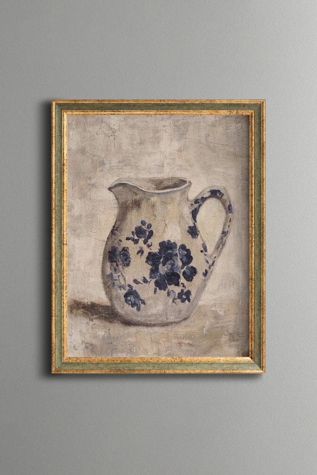 Blue Floral Patterned White Jug - Vintage Patterned Painting - Fine Model