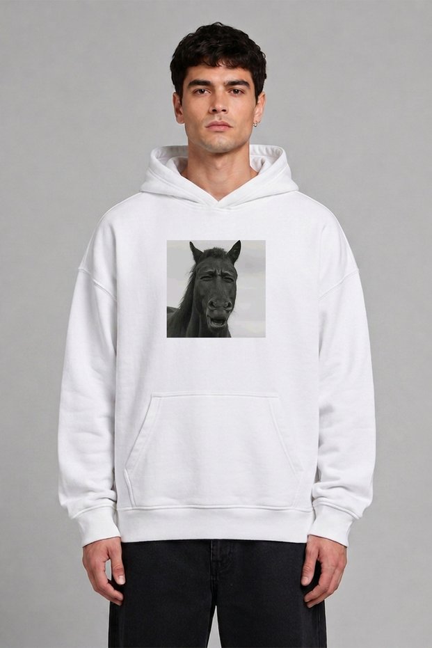 Different Horse Design Front Printed Oversize White Hooded Sweatshirt