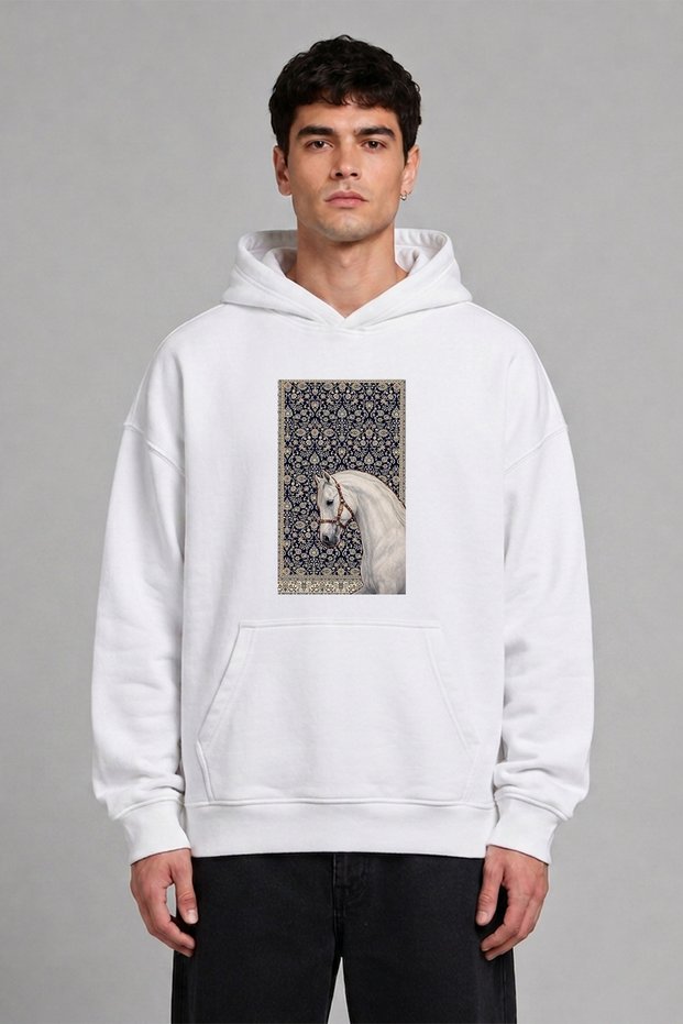 White Horse Ethnic Design Front Printed Oversize White Hooded Sweatshirt