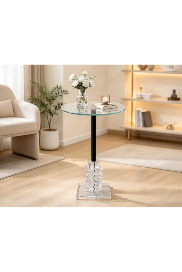 Side Service Table Round Glass Top and Clear Acrylic Base