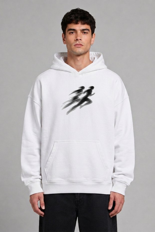 Running Couple Design Pre-Printed Oversize White Hooded Sweatshirt