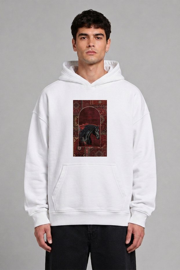Horse Facing the Window Ethnic Carpet Design Pre-Printed Oversize White Hooded Sweatshirt