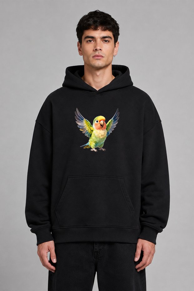 Cute Bird Design Pre-Printed Oversize Black Hooded Sweatshirt