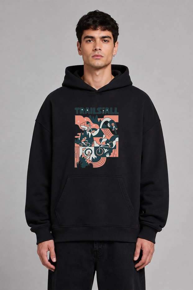 Trails Design Pre-Printed Oversize Black Hooded Sweatshirt