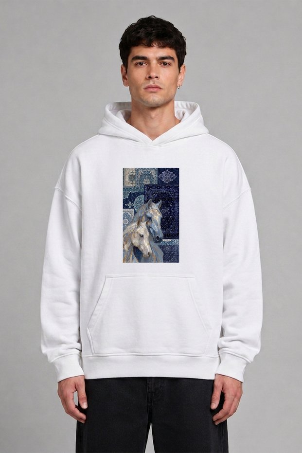 Blue Ethnic Carpet Design Pre-Printed Oversize White Hooded Sweatshirt