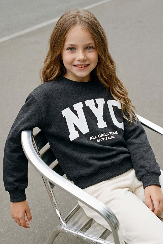 3 Thread Nyc Printed Crew Neck Unisex Kids Sweatshirt