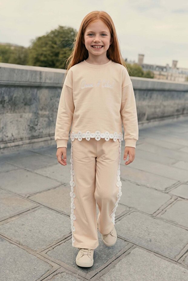 Lace Detailed Crew Neck Girls' 2-Piece Set