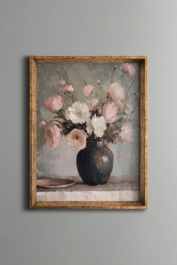 Pastel Flowers in a Black Vase - Vintage Patterned Painting - Fine Model