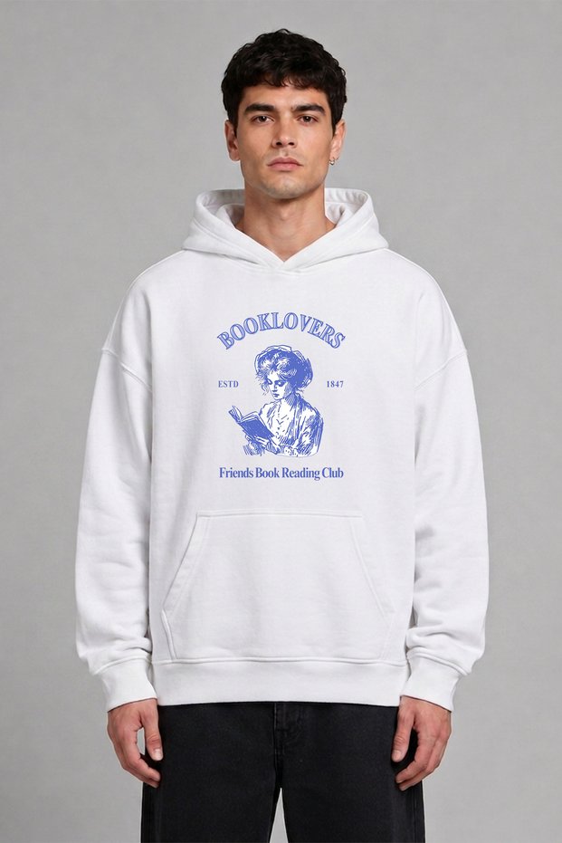 Booklovers Design Pre-Printed Oversize White Hooded Sweatshirt
