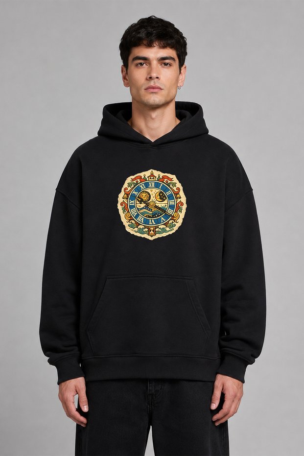 Pastel Boya Saat Design Pre-Printed Oversize Black Hooded Sweatshirt