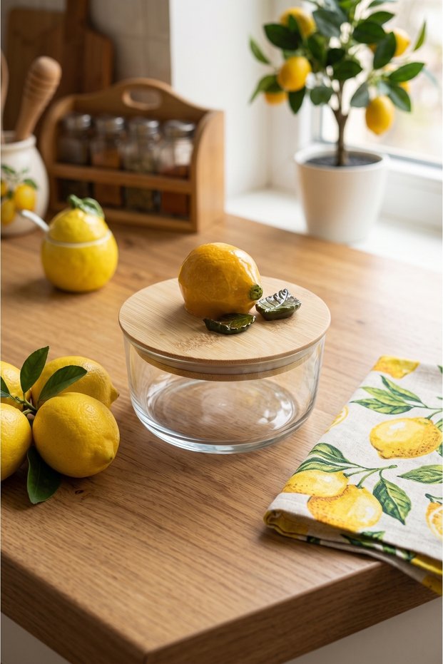 Vacuum Glass Storage Container with Bamboo Lid [Full Lemon Detail]