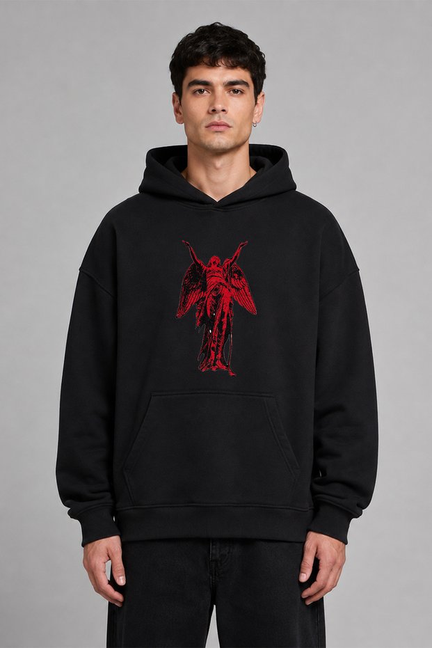 Red Women's Design Front Printed Oversize Black Hooded Sweatshirt