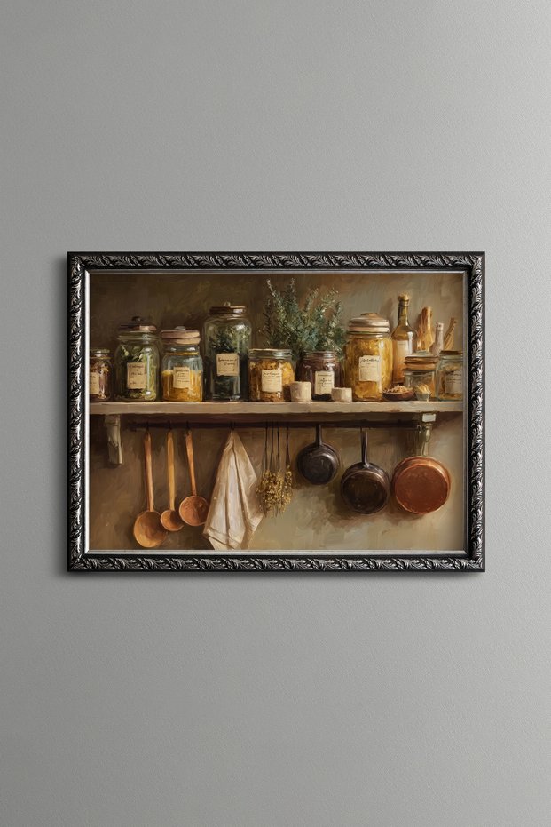Spices and Copper Pans on Rustic Kitchen Shelf - Vintage Patterned Table - Slim Model