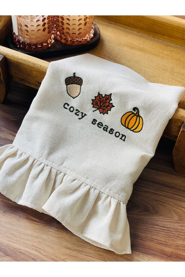 Raw Linen Cozyseason Themed Embroidered Ruffled Kitchen Towel 40 X 60cm