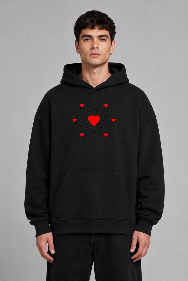 Heart Atom Design Pre-Printed Oversize Black Hooded Sweatshirt