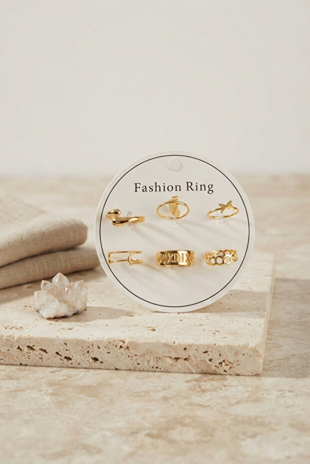 Gold Color Brass Bohemian Detailed 6-Piece Ring Set Byk4309 -