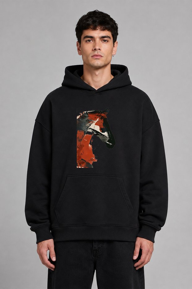 Painted Horse Design Pre-Printed Oversize Black Hooded Sweatshirt