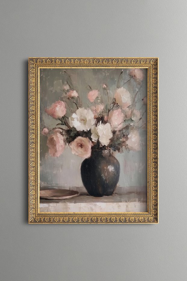 Pastel Flowers in a Black Vase - Vintage Patterned Painting - Fine Model