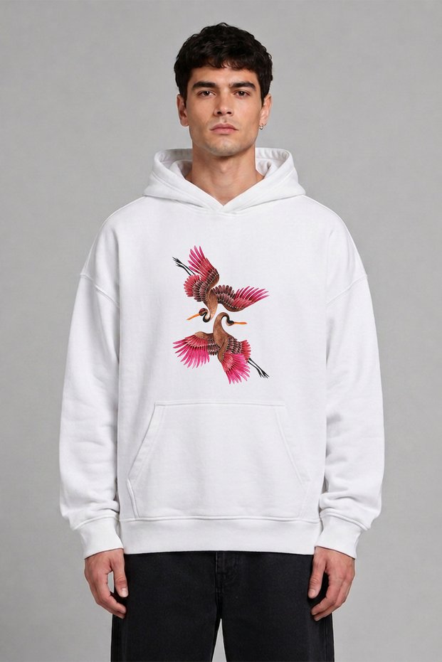 Pink Birds Couple Design Pre-Printed Oversize White Hooded Sweatshirt