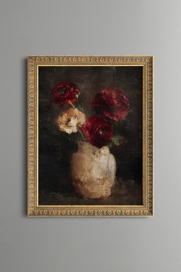 Red and Cream Roses in a Ceramic Vase - Vintage Patterned Painting - Fine Model