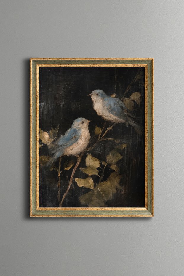 Two Blue Birds on a Leafy Branch - Vintage Patterned Painting - Fine Model