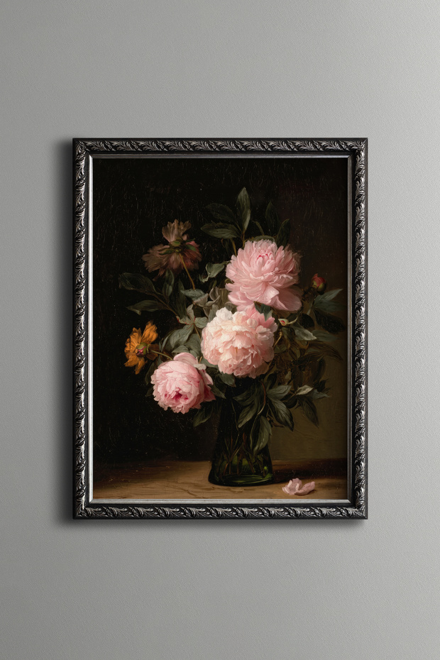 Pink Peonies in a Green Vase - Vintage Patterned Painting - Fine Model