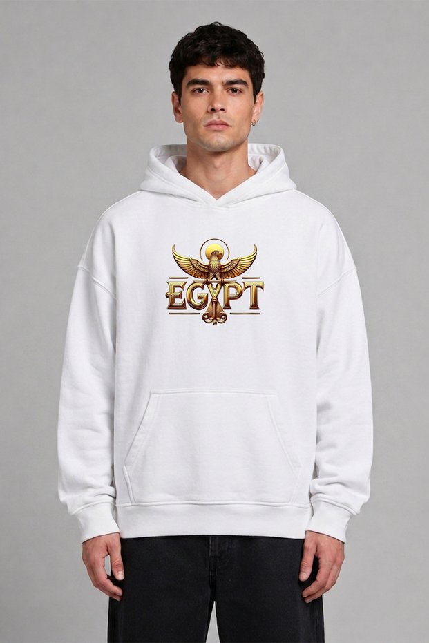 Egypt Bird Design Pre-Printed Oversize White Hooded Sweatshirt