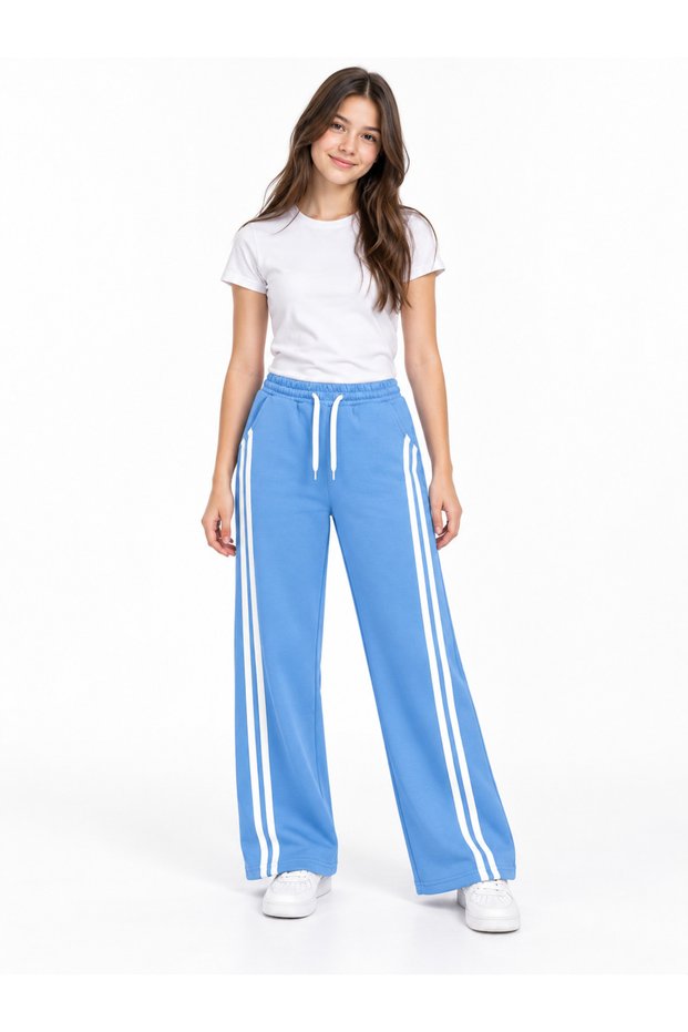 28010-26 Girl's White Striped Wide-Legged 3-Yarn Ruffled Sweatpants 13–16 Years Old