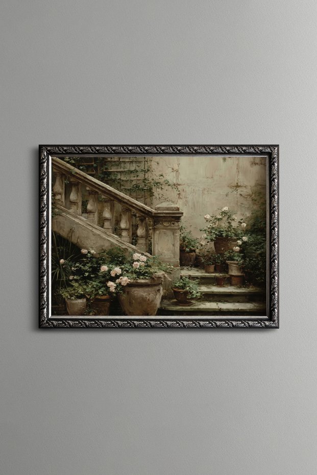 Stone Stairs Decorated with Flower Pots - Vintage Patterned Table - Slim Model