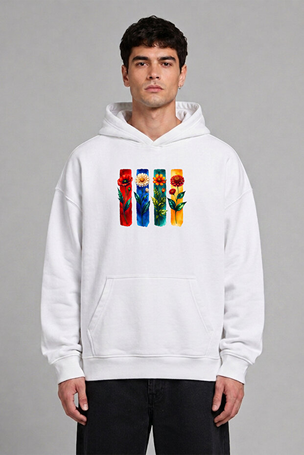 4 Different Floral Designs Pre-Printed Oversize White Hooded Sweatshirt