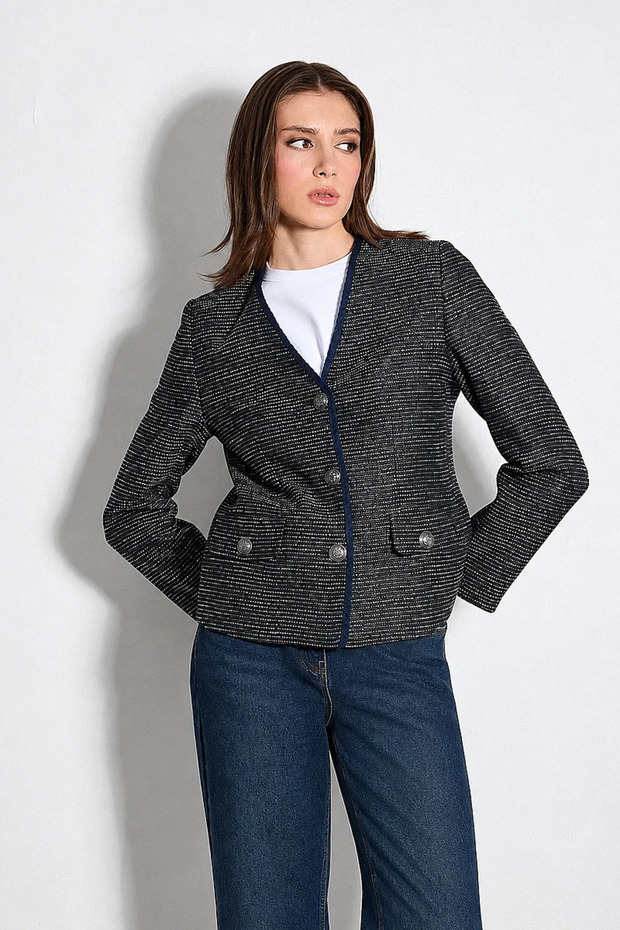 V-Neck Tweed Jacket with Knitted Accessories - Navy Blue