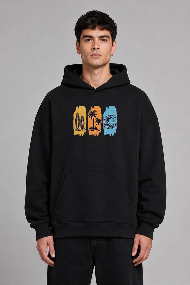 Surf Objects 1 Design Pre-Printed Oversize Black Hooded Sweatshirt