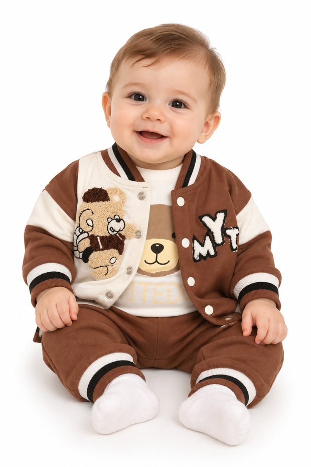 Baby Boy Brown Color Three-Piece Set with Teddy Bear Embroidery and College Jacket
