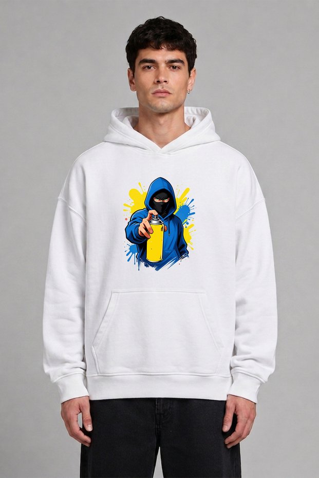 Grafitici Blue Design Pre-Printed Oversize White Hooded Sweatshirt