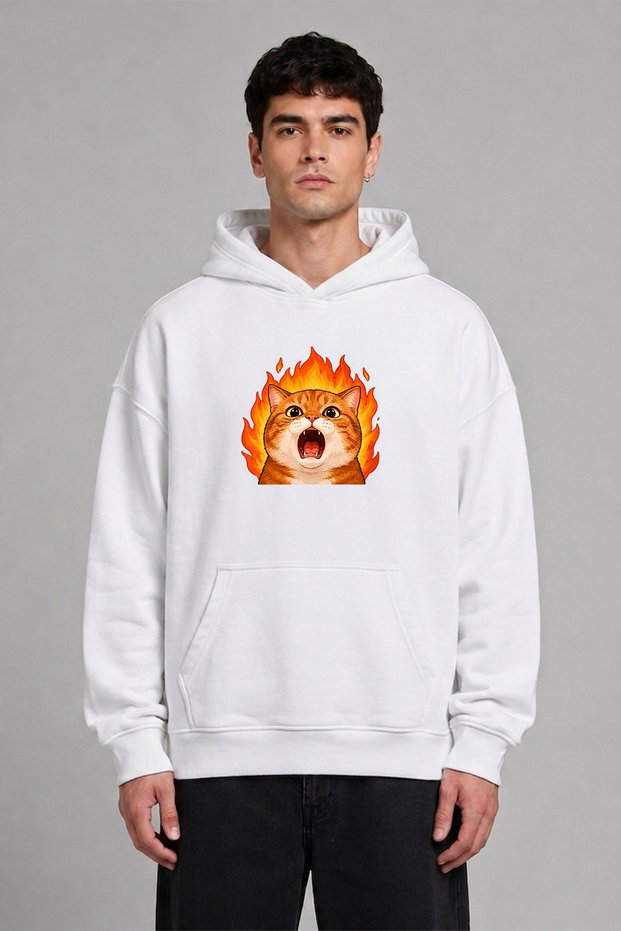 Flame Cat Orange Design Pre-Printed Oversize White Hooded Sweatshirt