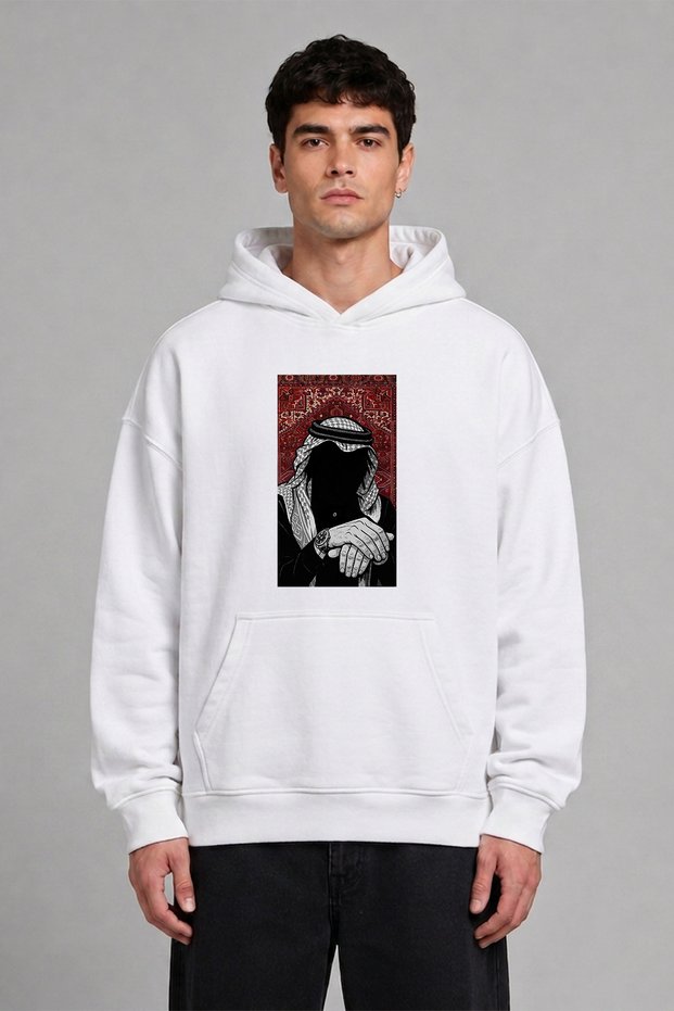 Poşulu Adam Design Pre-Printed Oversize White Hooded Sweatshirt