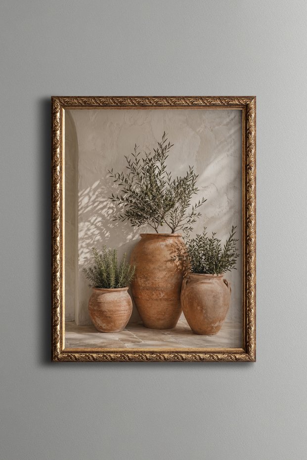 Olive Tree and Aromatic Herbs in Clay Pots - Vintage Patterned Painting - Fine Model