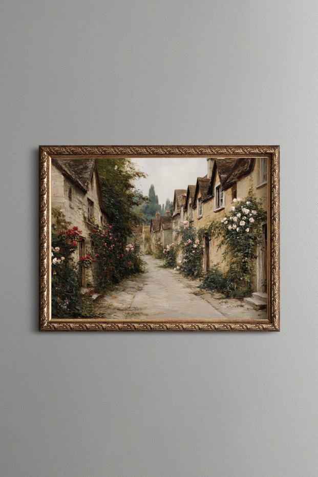 Stone Houses and Village Street Decorated with Flowers - Vintage Patterned Painting - Fine Model