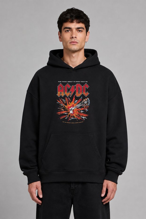 Ac Dc Rock Design Pre-Printed Oversize Black Hooded Sweatshirt