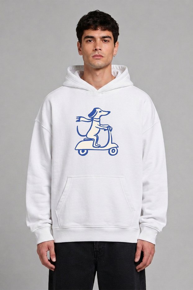 Motorized Dog Design Front Printed Oversize White Hooded Sweatshirt